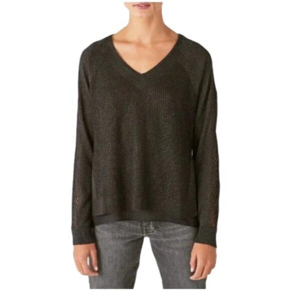 Lucky Brand Metallic Black Linen Blend Sleeve Detail V-Neck Blouse Size Med EUC
